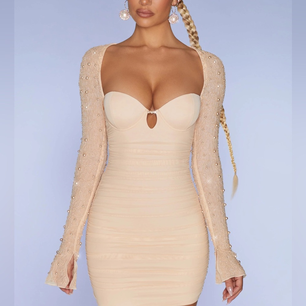 Oh Polly ST. GERMAIN Embellished Long Sleeve Mini Dress in Sand